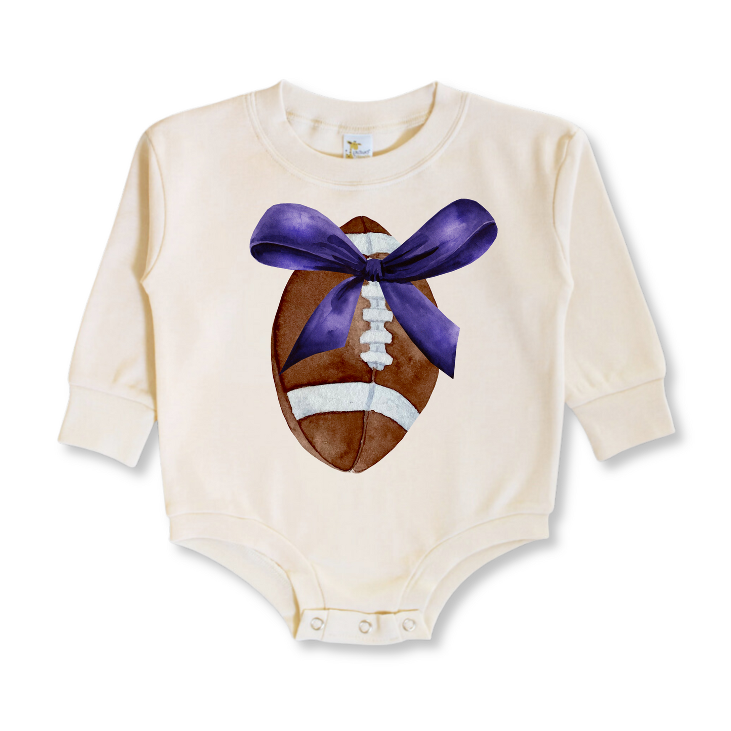 WHOLESALE | Baby & Toddler Bubble Romper | Long Sleeves | 100% Cotton | Sizes 0-3m up to 12-18m | Football Bow | Beige | Pack of 6