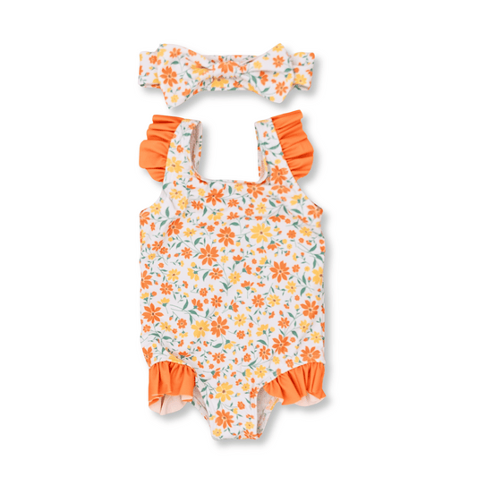 Baby & Toddler Swimsuit | Sizes 9m up to 3T | Swim Bow Included | Orange Floral