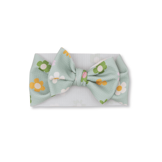 Baby Head Wrap | Handmade Bow | Large Bow | Sizes 0-12m+ | Seafoam Daisies | hwb5