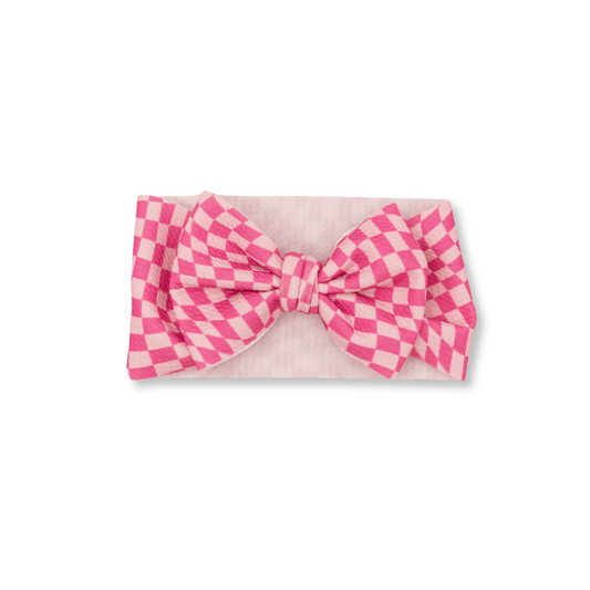 Baby Head Wrap | Handmade Bow | Large Bow | Sizes 0-12m+ | Wavy Check | Pink | hwb5