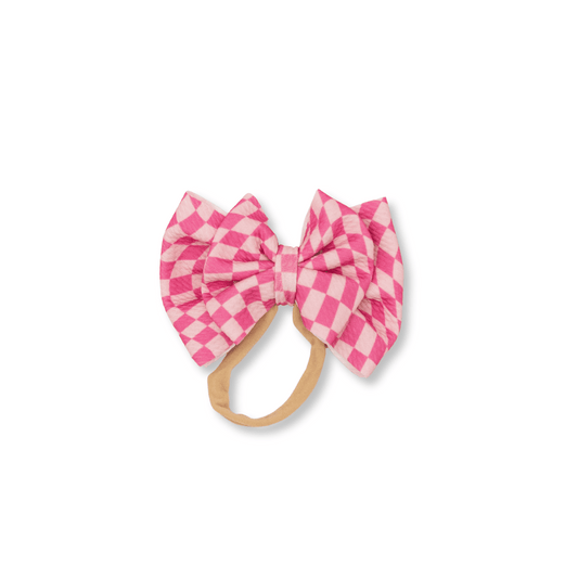 Baby Headband | Handmade | Large Double Bow | Size 0-24m | Wavy Check | Pink | dbb1