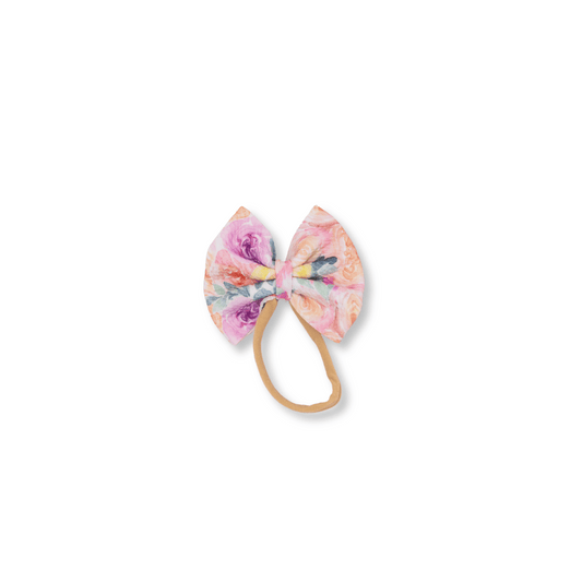 Baby & Toddler Headband | Handmade | Nylon | Medium Bow | 0-24m | Watercolor Floral | Pink | sbb