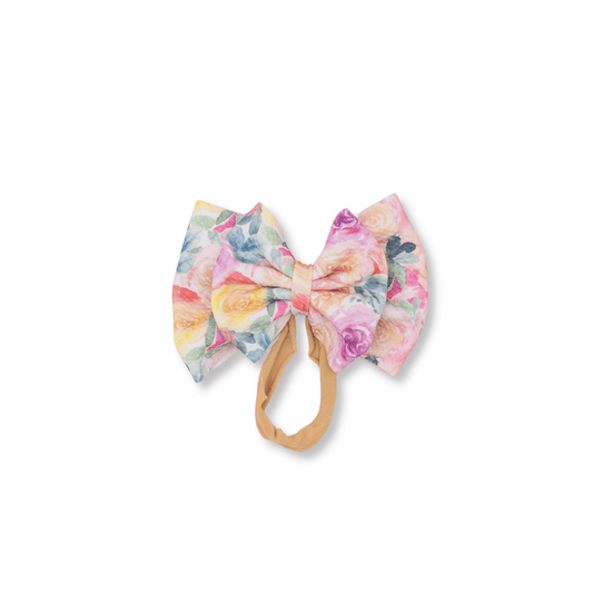 Baby Headband | Handmade | Large Double Bow | Size 0-24m | Watercolor Floral | Pink | dbb1