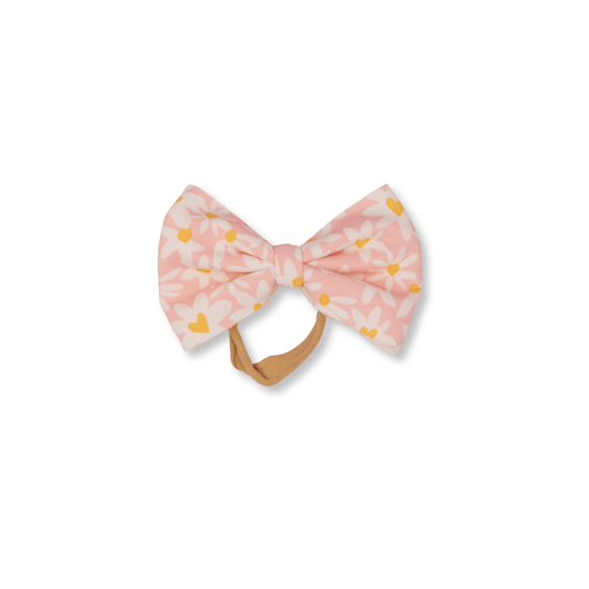 Baby & Toddler Headband | Handmade | Nylon | Large Bow | 0-24m | Heart Daisies | Pink | sbb
