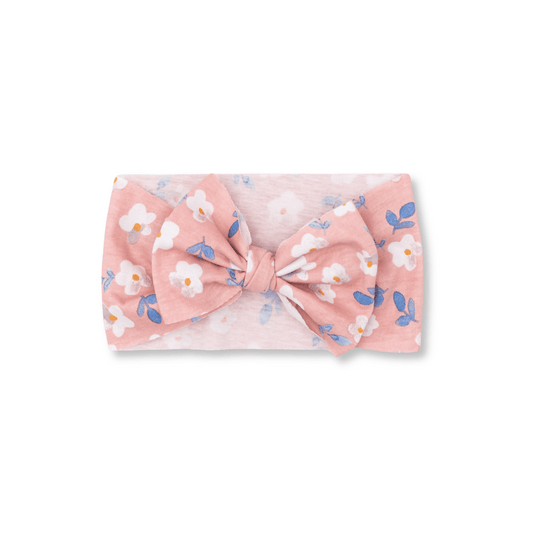 Baby Head Wrap | Handmade Bow | Large Bow | Cotton Stretch | Sizes 0-12m+ | Pink Daisies | FINAL SALE