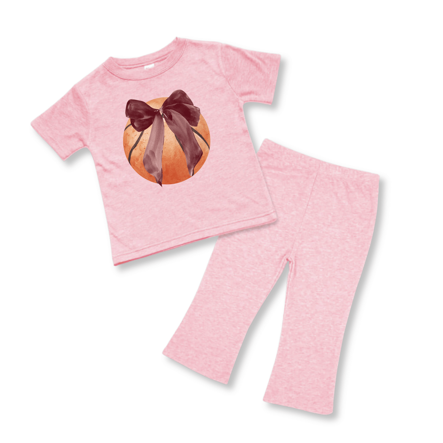 BabyTwo-Piece Set | Short Sleeves | Sizes 3-6m to 12-18m | Pink Heather | Basketball Bow