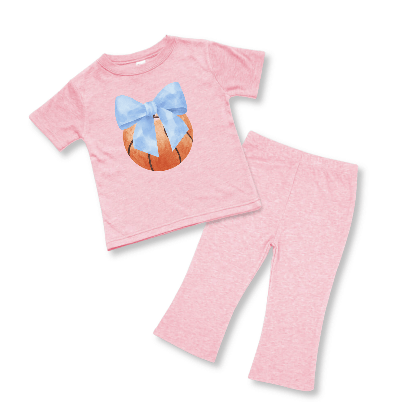 BabyTwo-Piece Set | Short Sleeves | Sizes 3-6m to 12-18m | Pink Heather | Basketball Bow