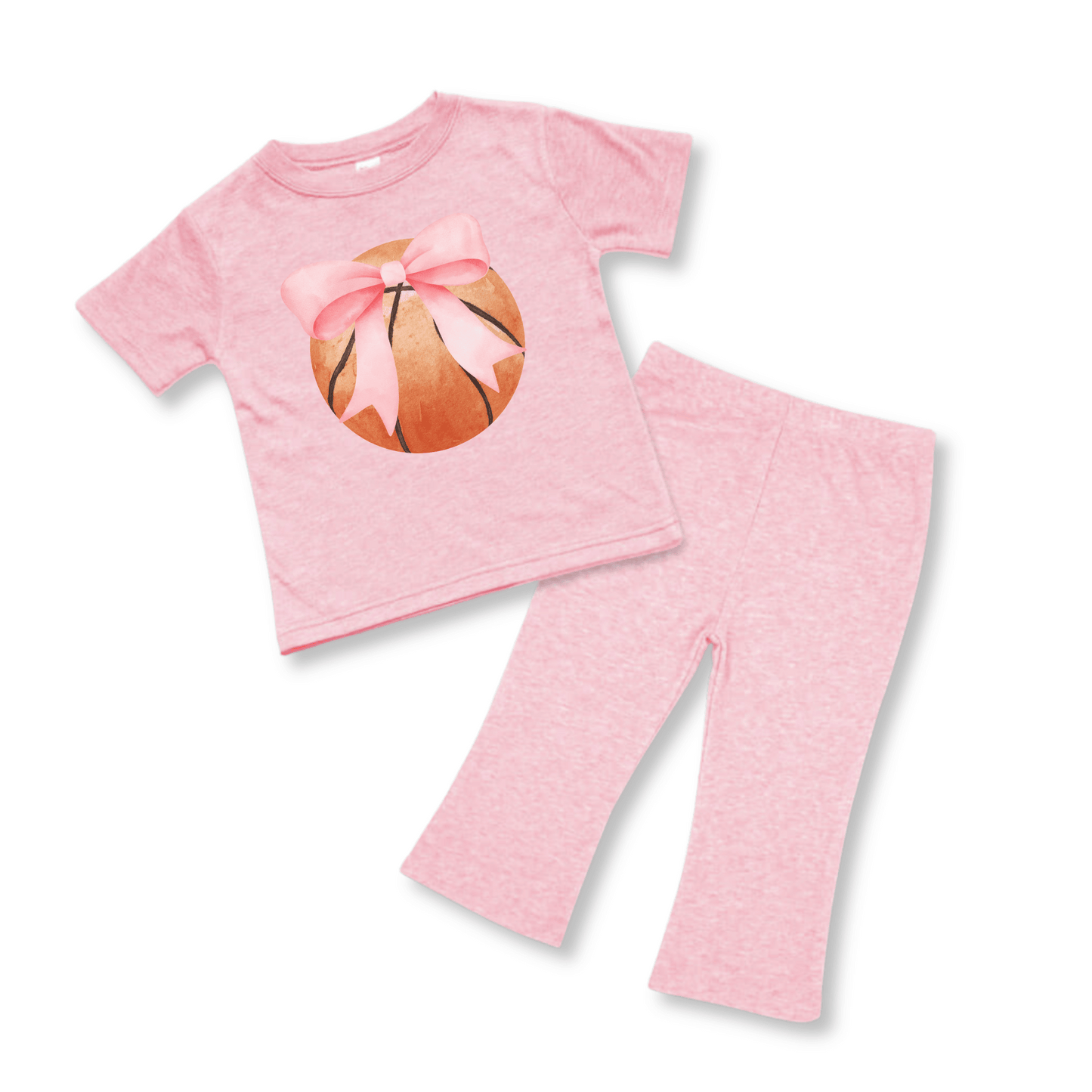 BabyTwo-Piece Set | Short Sleeves | Sizes 3-6m to 12-18m | Pink Heather | Basketball Bow