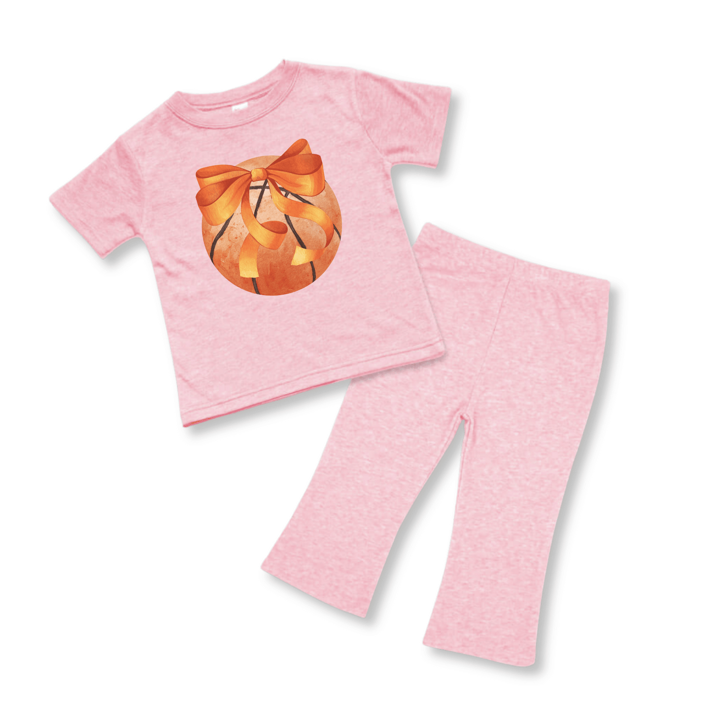 BabyTwo-Piece Set | Short Sleeves | Sizes 3-6m to 12-18m | Pink Heather | Basketball Bow