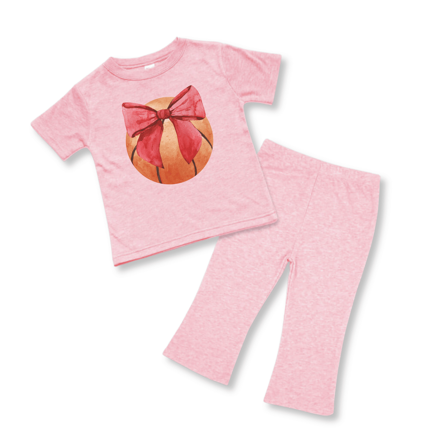 BabyTwo-Piece Set | Short Sleeves | Sizes 3-6m to 12-18m | Pink Heather | Basketball Bow