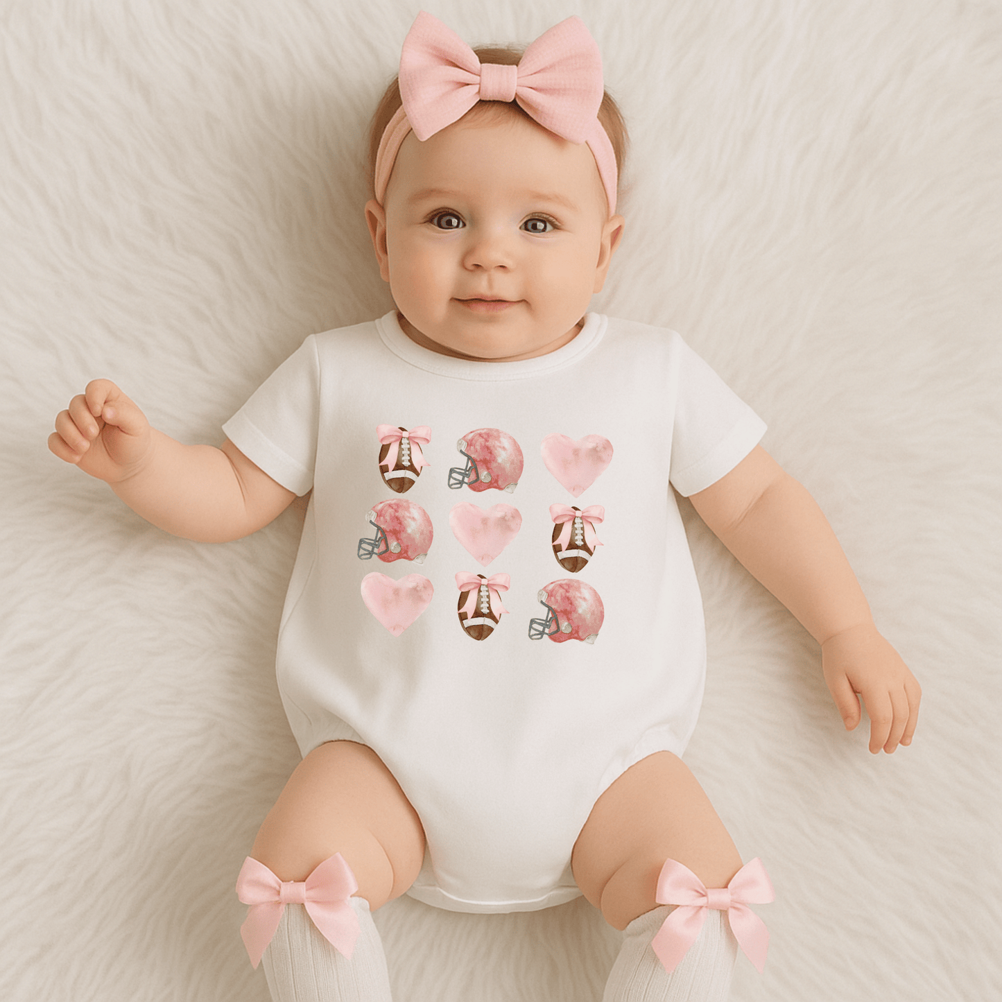 Baby & Toddler Romper | Game Day | Cotton | Short Sleeves | Sizes 0-3m up to 12-18m | Football Bow Love