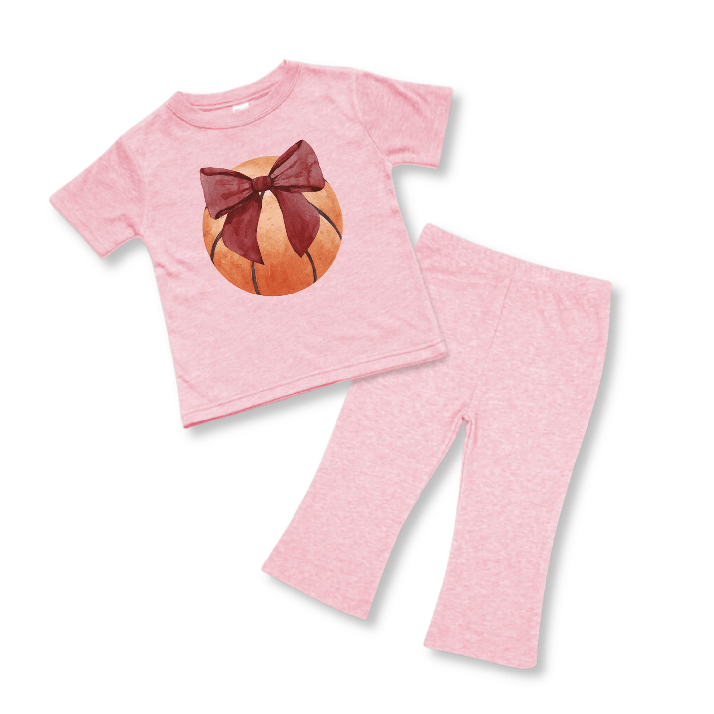 BabyTwo-Piece Set | Short Sleeves | Sizes 3-6m to 12-18m | Pink Heather | Basketball Bow