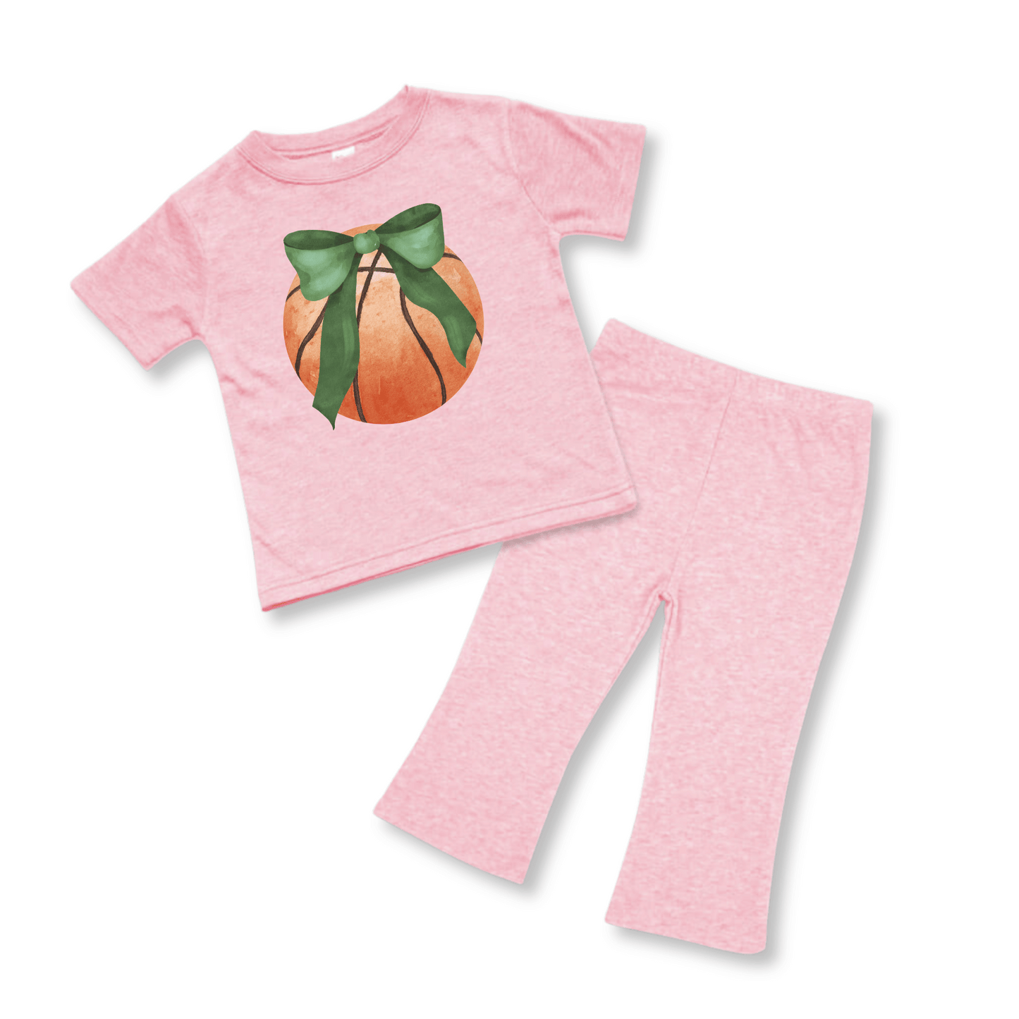 BabyTwo-Piece Set | Short Sleeves | Sizes 3-6m to 12-18m | Pink Heather | Basketball Bow