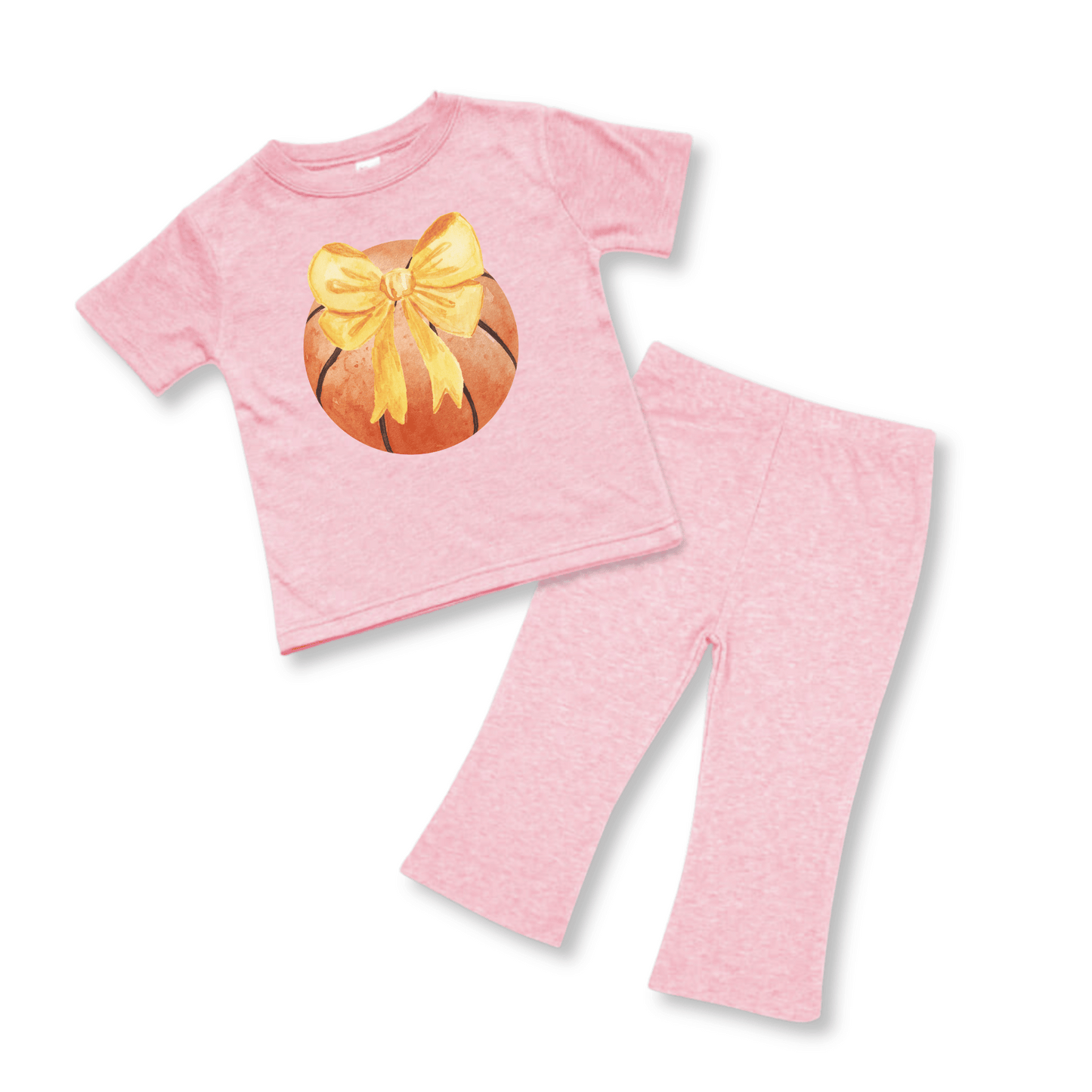 BabyTwo-Piece Set | Short Sleeves | Sizes 3-6m to 12-18m | Pink Heather | Basketball Bow