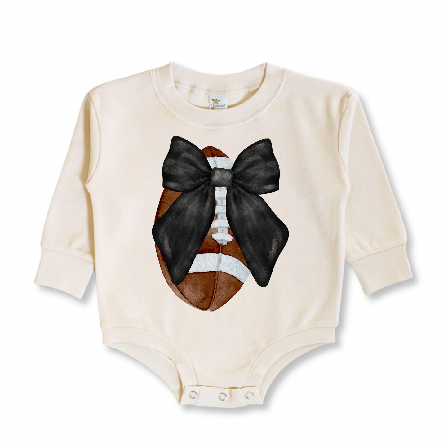 WHOLESALE | Baby & Toddler Bubble Romper | Long Sleeves | 100% Cotton | Sizes 0-3m up to 12-18m | Football Bow | Beige | Pack of 6