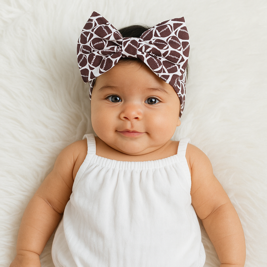 Football Baby Head Wrap | Handmade Bow | Large Bow | Sizes 0-12m+ | Bullet Polyester | Footballs