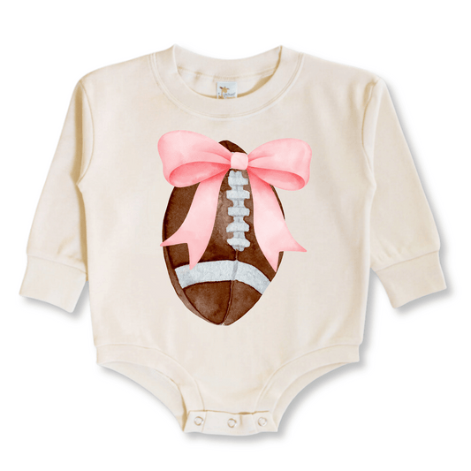 Baby & Toddler Romper | Long Sleeves | 100% Cotton | Sizes 0-3m up to 12-18m | Football Bow | Beige
