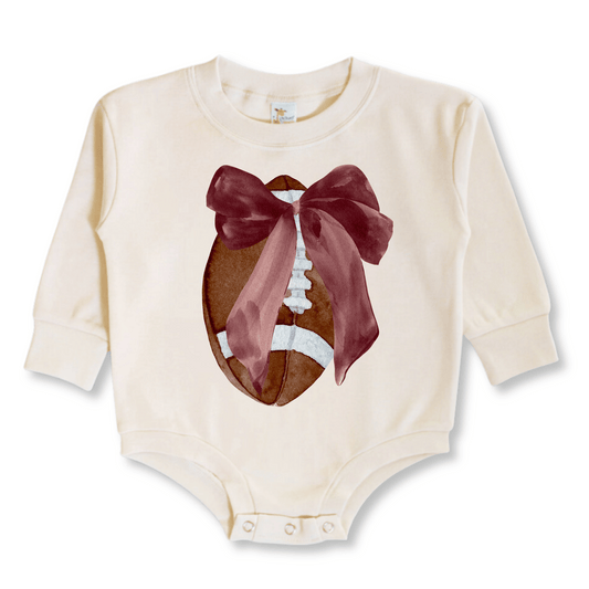 Baby & Toddler Romper | Long Sleeves | 100% Cotton | Sizes 0-3m up to 12-18m | Football Bow | Beige