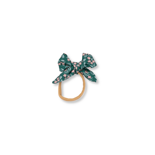Fable Bow Headband | Handmade Bow | Nylon | Small Bow | Fits 0-24m | Green & Pink Floral | FINAL SALE