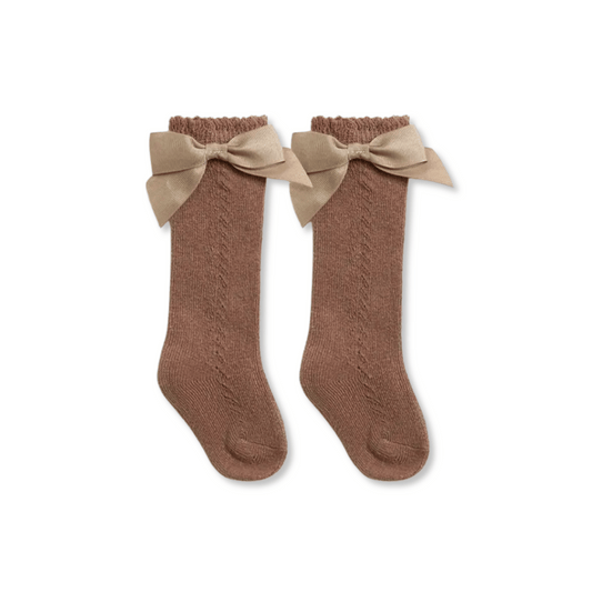 Baby & Toddler Socks | Knee High | Bows | 100% Cotton | Brown | FINAL SALE