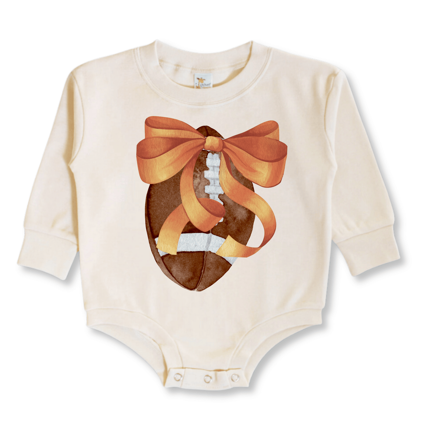 WHOLESALE | Baby & Toddler Bubble Romper | Long Sleeves | 100% Cotton | Sizes 0-3m up to 12-18m | Football Bow | Beige | Pack of 6