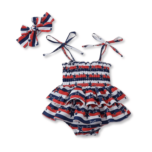 Baby & Toddler Romper Dress | Sizes 0-3m up to 9-12m | Bow Included | Stars & Stripes