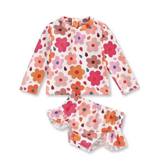 Baby & Toddler Swimsuit Two-Piece | Long Sleeves | Sizes 6-9m to 18-24m | Pink & Orange Daisies