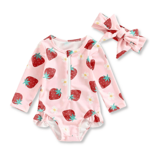 Baby & Toddler Swimsuit | Long Sleeves | Sim Bow Included | Sizes 6-9m up to 2/3T | Strawberry Daisies
