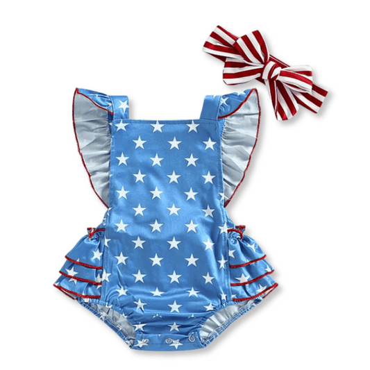 Baby & Toddler Ruffle Romper | Bow Included | Sizes 6-12m up to 12-18m | Stars & Stripes