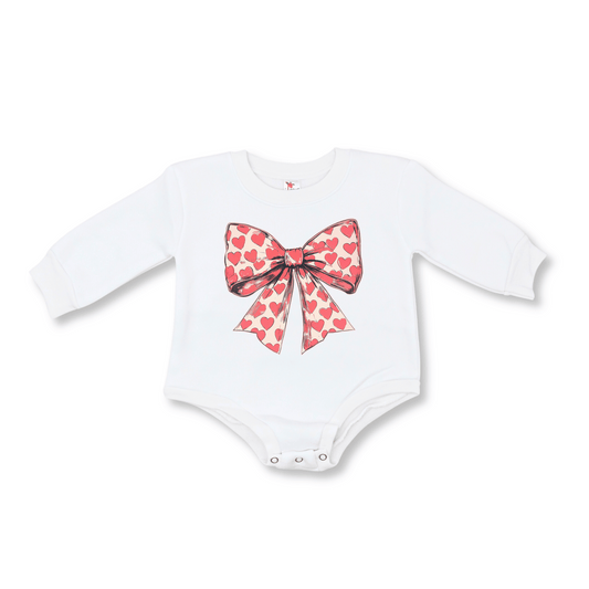 Baby Bubble Romper | 0-3m to 12-18m | Fleece | Heart Bow | FINAL SALE