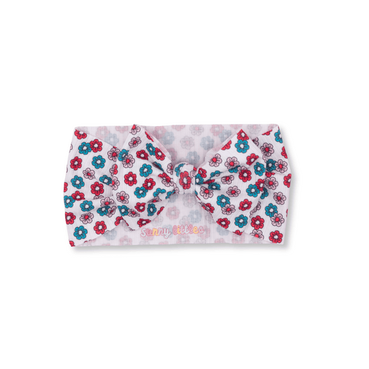 Baby Head Wrap | Handmade Bow | Large Bow | Sizes 0-12m+ | Ribbed Knit Cotton | July 4th Daisies | FINAL SALE