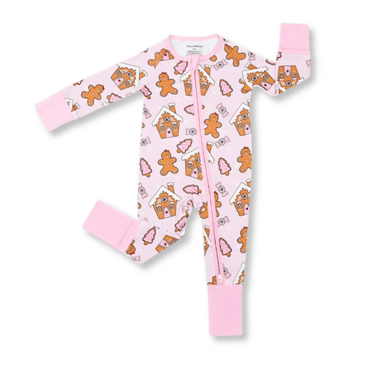 Baby Bamboo Pajamas | One-piece Convertible Footies | Christmas | Sizes 0-3m to 18-24m | Gingerbread Girlies | FINAL SALE