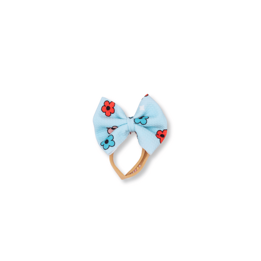 Baby & Toddler Headband | Handmade Bullet Bow | Nylon | Medium Bow | 0-24m | Red, Blue & Pink Daisies | FINAL SALE