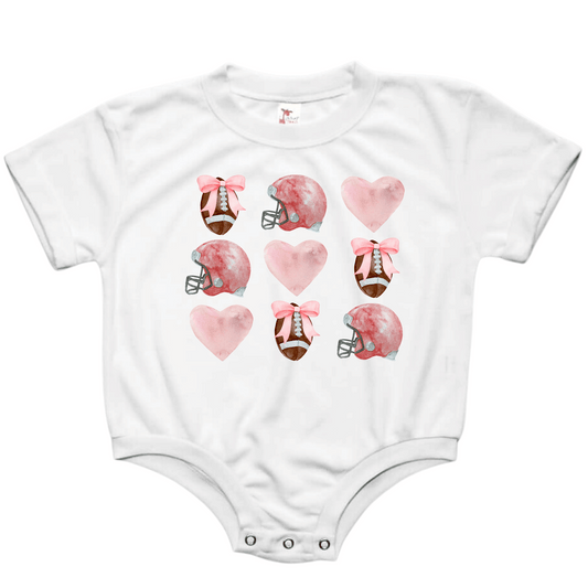 Baby & Toddler Romper | Game Day | Cotton | Short Sleeves | Sizes 0-3m up to 12-18m | Football Bow Love