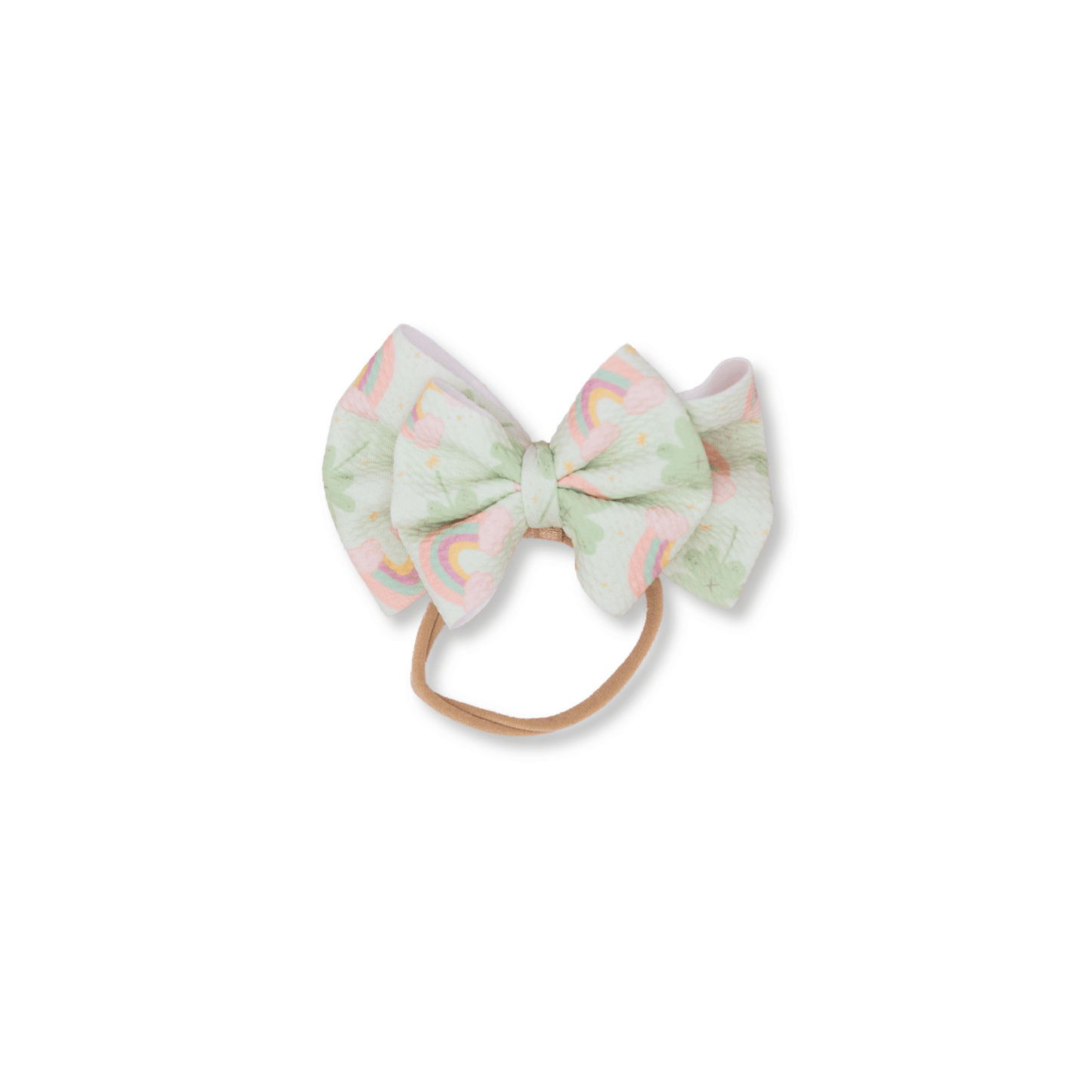 Baby Headband & Clip All-in-1 | Handmade | Large Double Bow | Size 0-24m | Clovers & Rainbows | dbb1