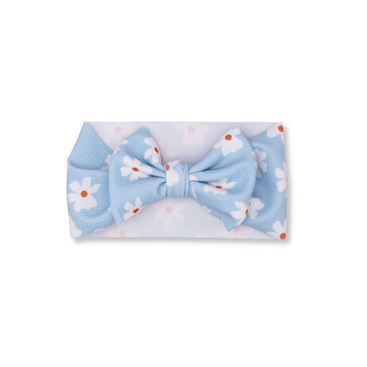 Baby Head Wrap | Handmade Bow | Large Bow | Sizes 0-12m+ | Blue Daisies | hwb1