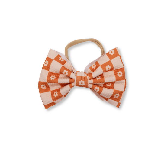 Baby Headband | Big Bow | Orange Daisy Checkerboard | FINAL SALE | fsb