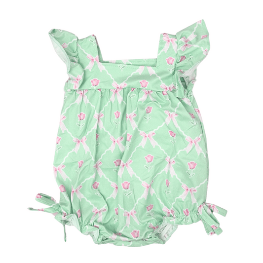 Spring Romper | Sizes 3-6m to 2T | Mint Green & Pink | Tulips & Bows | FINAL SALE