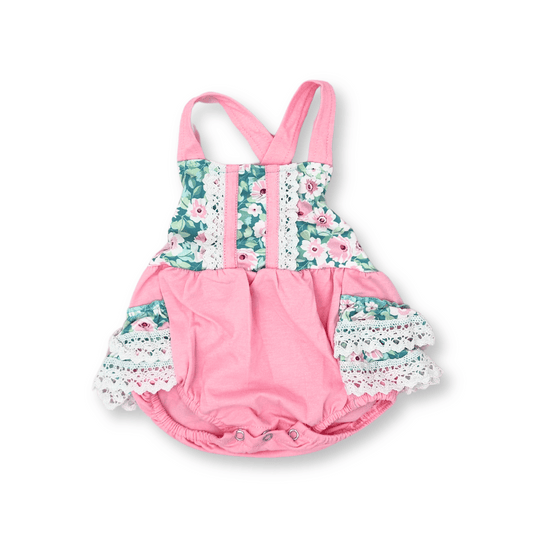 Spring Romper | Sizes 3-6m to 2T | Pink & Teal | Floral Ruffles | FINAL SALE