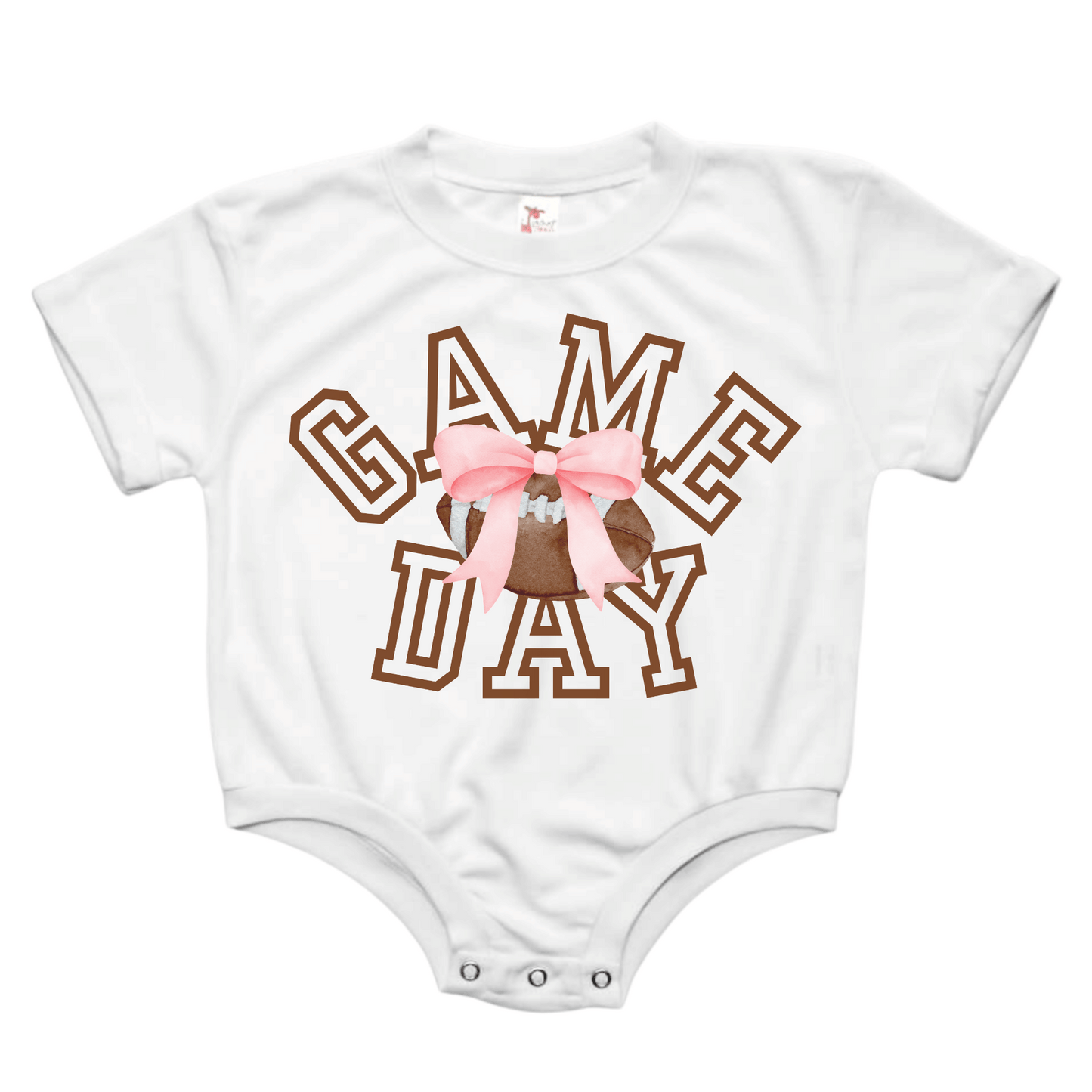 Baby Romper | Football | Short Sleeves | Sizes 0-3m up to 12-18m | Game Day Football Bow