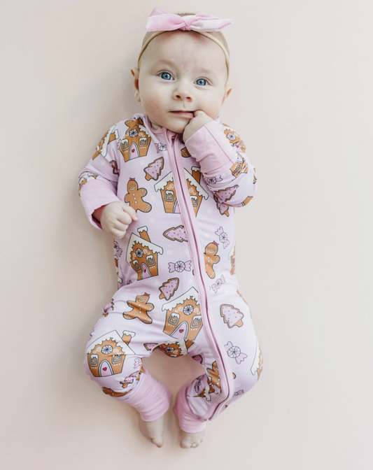 Baby Bamboo Pajamas | One-piece Convertible Footies | Christmas | Sizes 0-3m to 18-24m | Gingerbread Girlies | FINAL SALE