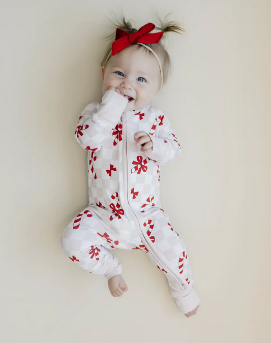 Baby Bamboo Pajamas | One-piece Convertible Footies | Christmas | Sizes 0-3m to 18-24m | Candy Cane Bows | FINAL SALE