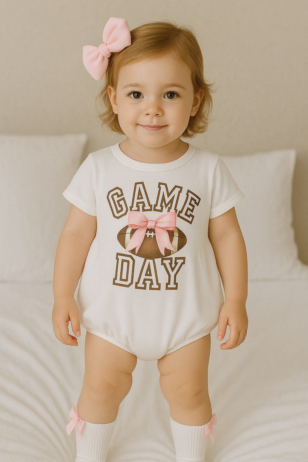 Baby Romper | Football | Short Sleeves | Sizes 0-3m up to 12-18m | Game Day Football Bow